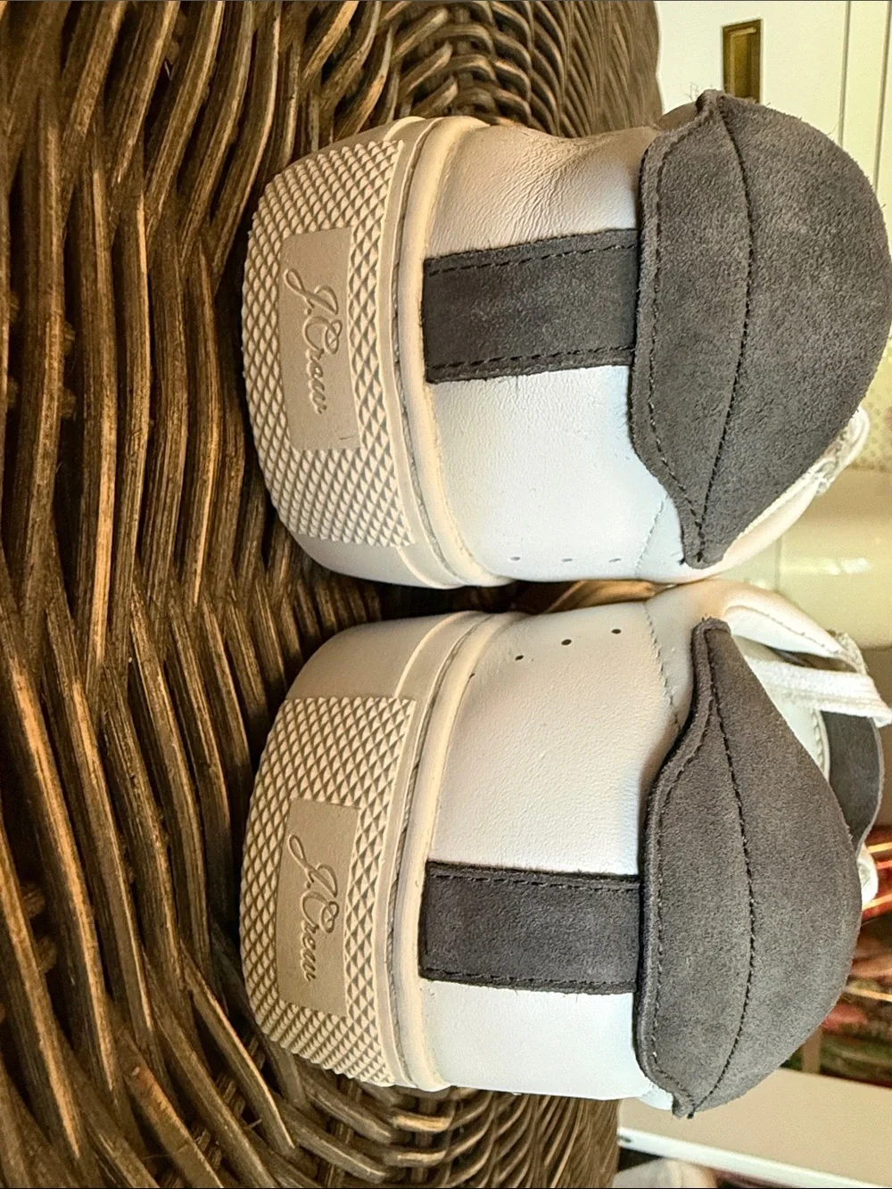 J. Crew Factory Leather White Low-Top Sneakers with Gray Suede Heel